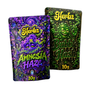 Amnesia Haze og Bubble Hash 20g THCA bundle med topskud og hash på sort baggrund