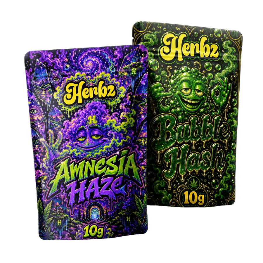 Amnesia Haze og Bubble Hash 20g THCA bundle med topskud og hash på sort baggrund