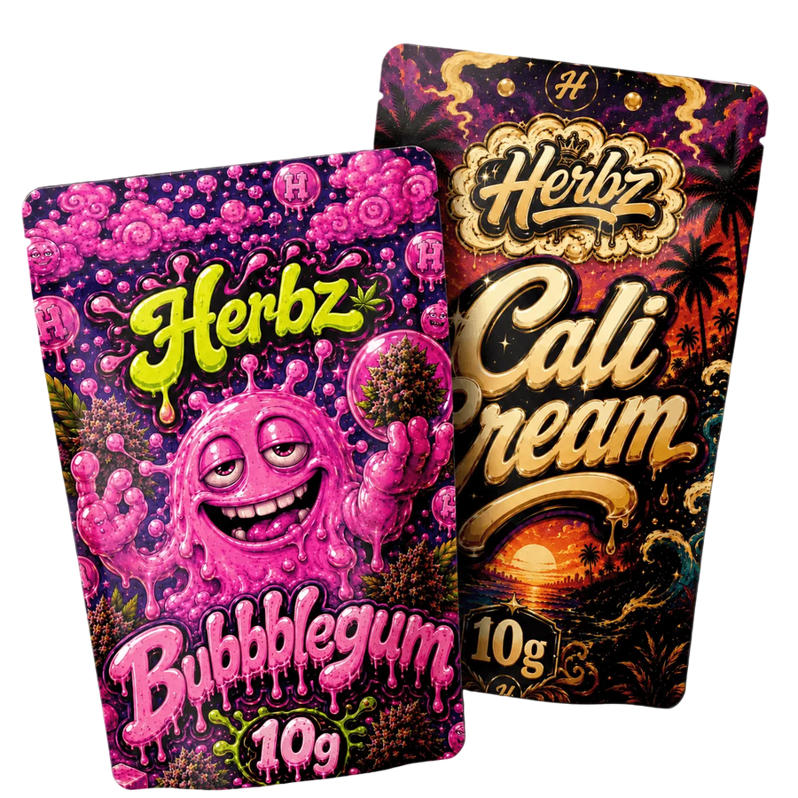 Pack de 20 g de Bubblegum y Cali Cream THCA con cogollos y hachís static sobre fondo negro