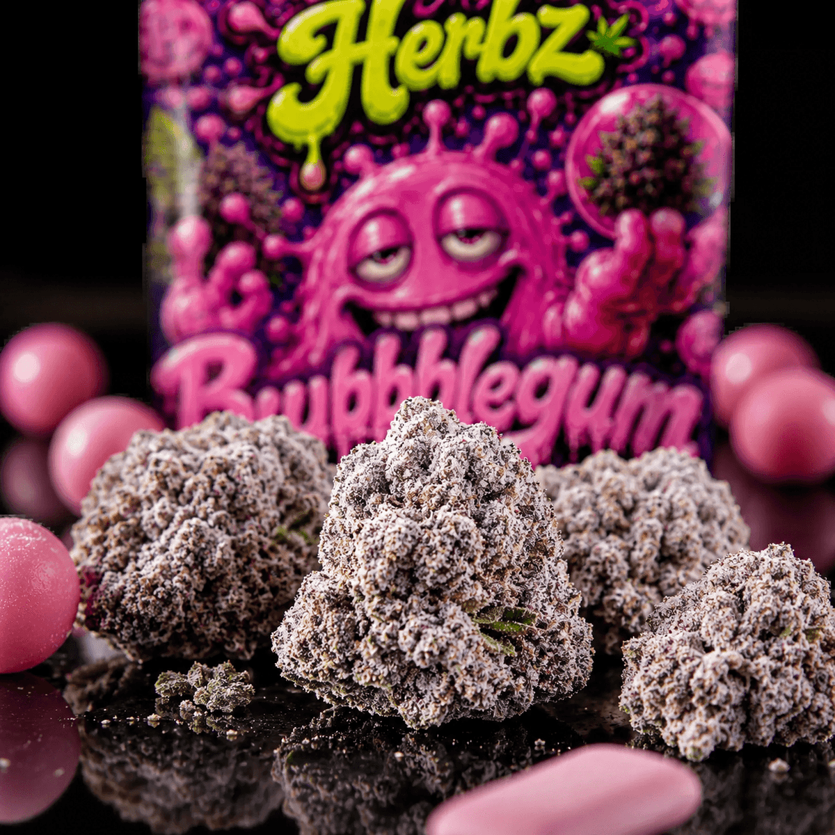 Herbz Bubblegum förpackning med rosa godisinspirerad design