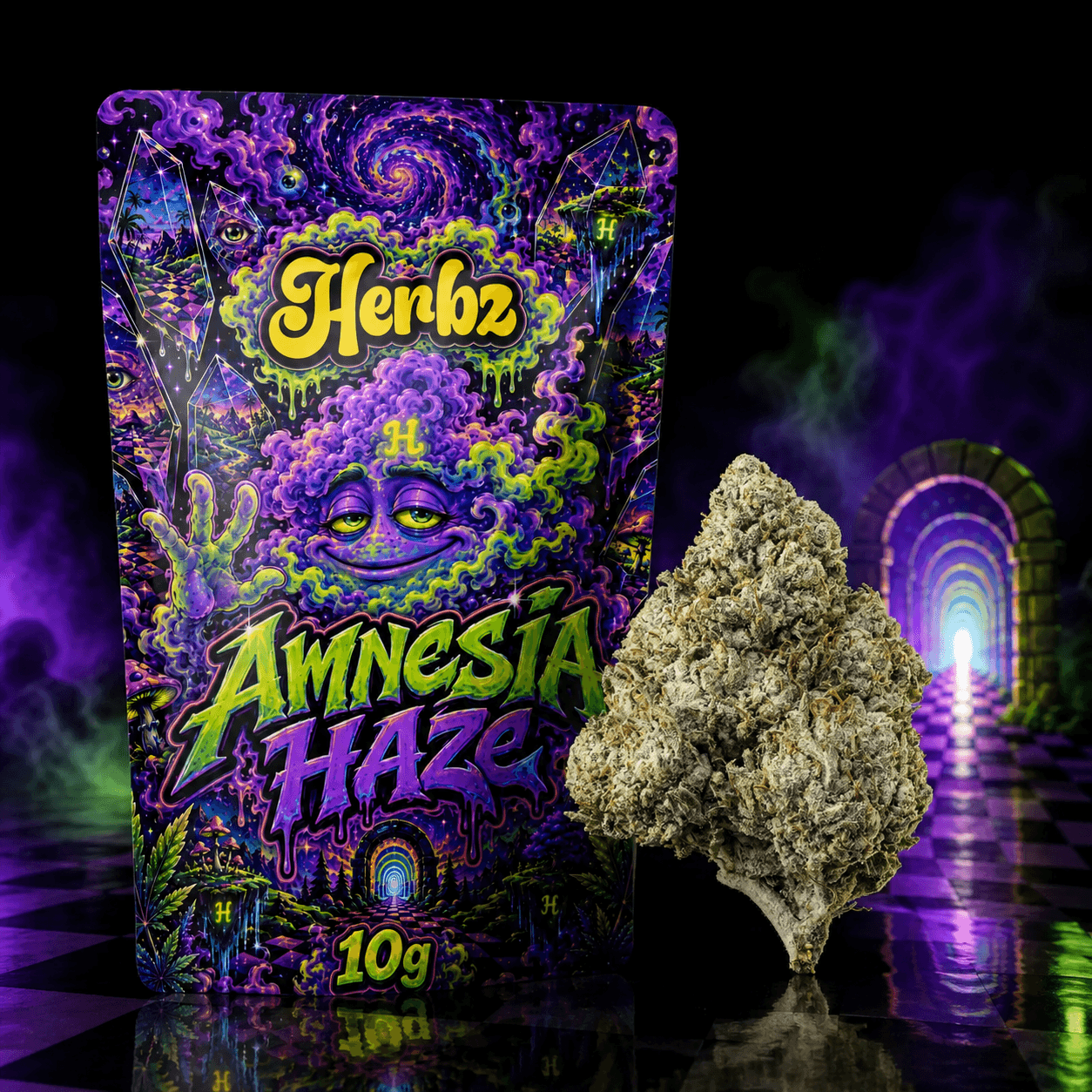 Herbz Amnesia Haze-förpackning med färgglad haze-inspirerad design