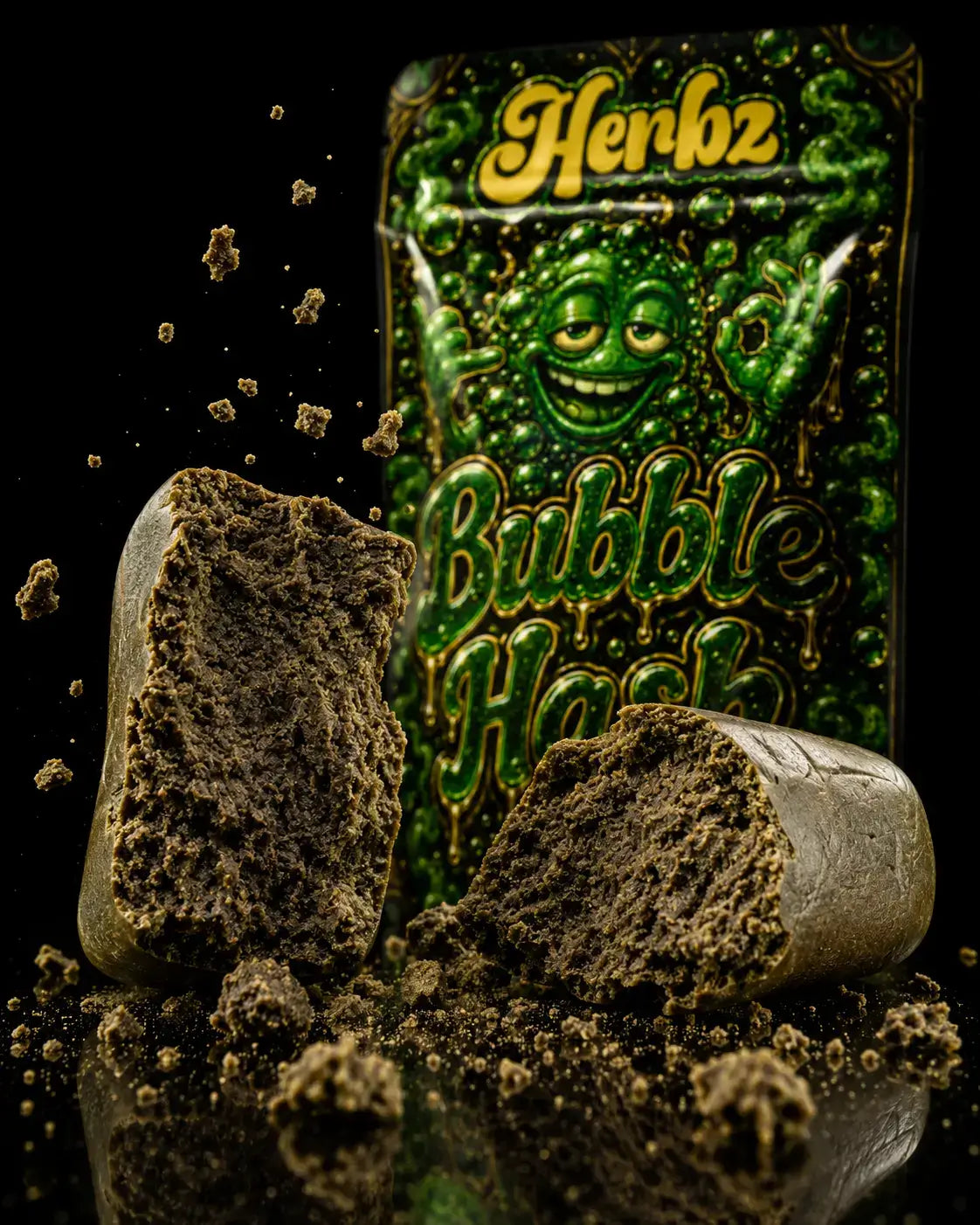 Närbild av Bubble Hash 50% THCA med kompakt haschstruktur