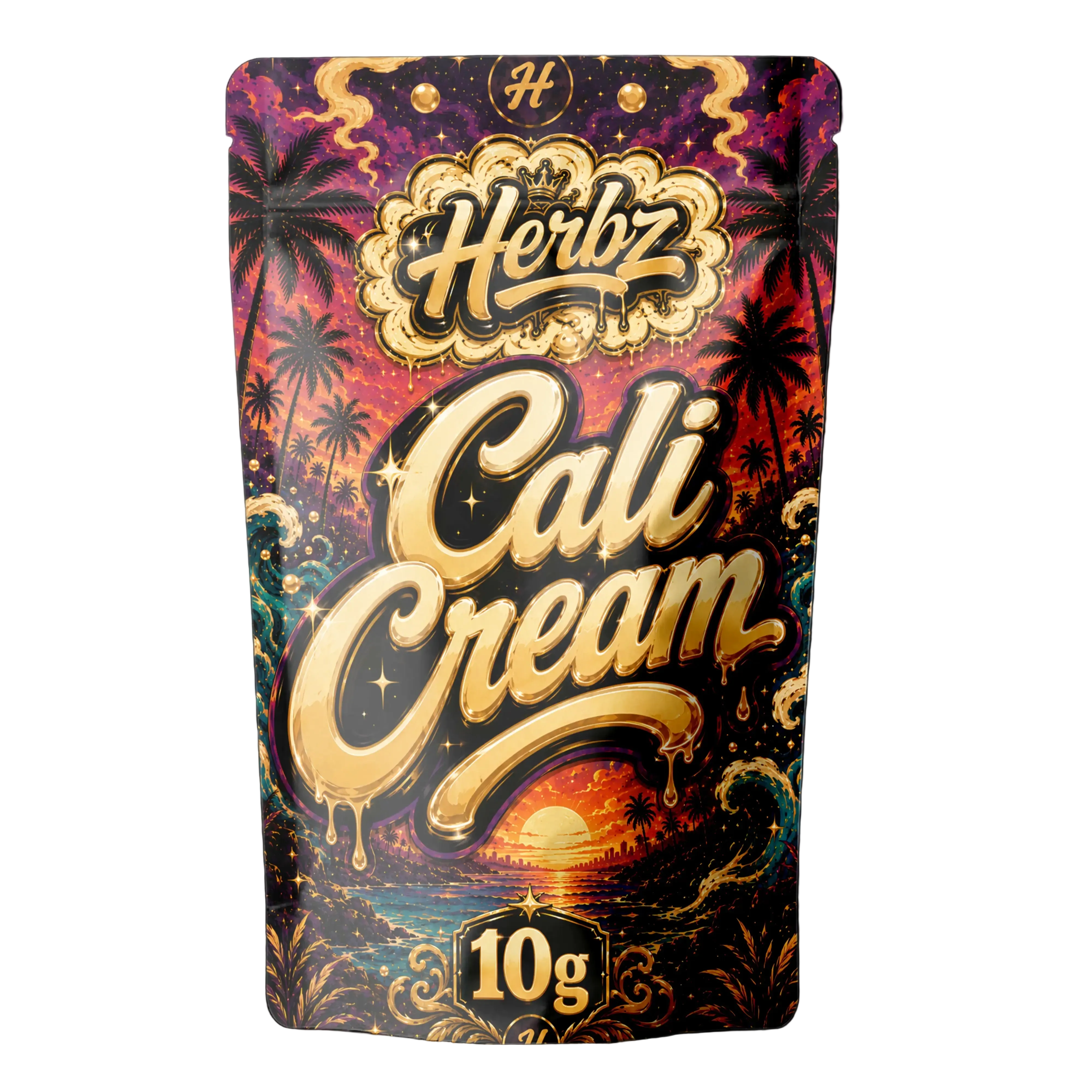 Cali Cream 50% THCA static hash med Herbz emballage på sort baggrund