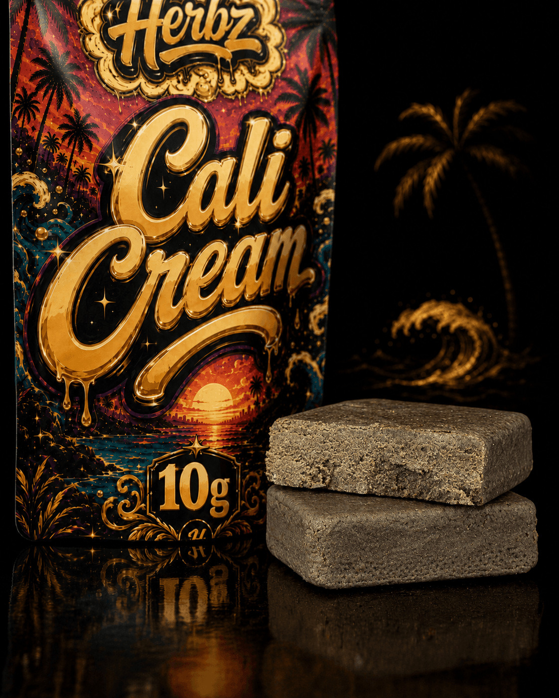Cali Cream 50% THCA hashblock med mörk gyllenbrun yta och porös mitt