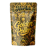 Golden Pollen 30% THCA dry sift hash med Herbz emballage på sort baggrund