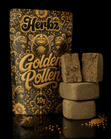 Golden Pollen dry sift hash foran sort og gylden Herbz 10g emballage