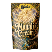 Manali Cream 40% THCA static hash med mørk resinrig struktur på sort baggrund