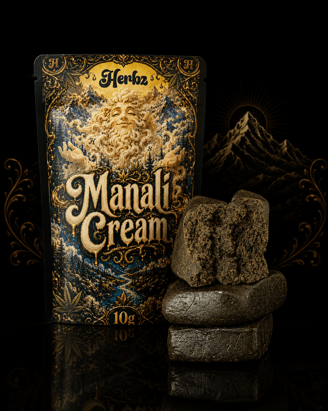 Närbild av Manali Cream 40% THCA med porös och mörk haschstruktur