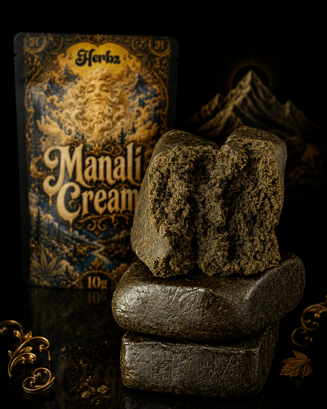 Manali Cream static hash foran Herbz emballage på sort baggrund