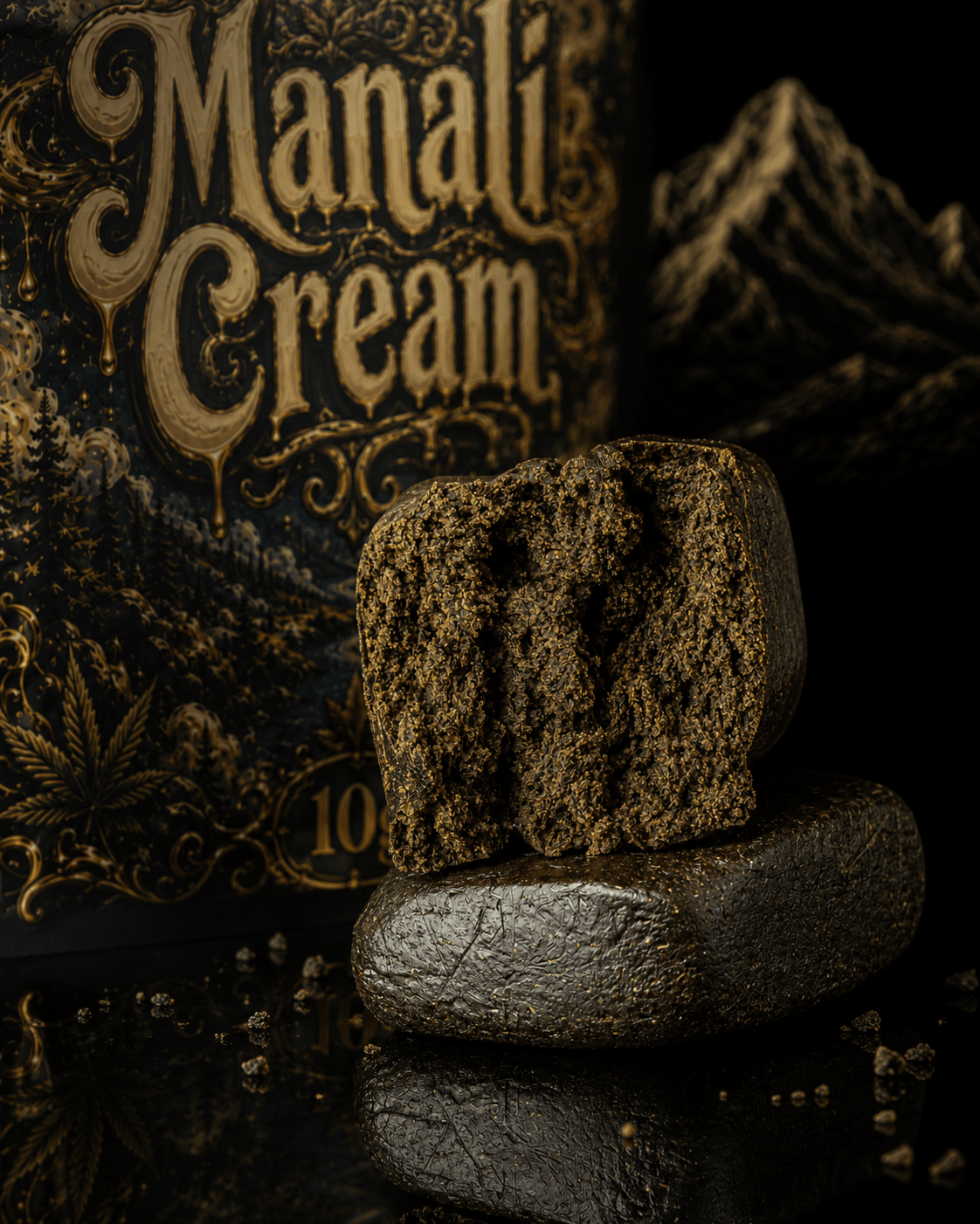 Herbz Manali Cream-förpackning och mörka haschblock med porös inre struktur