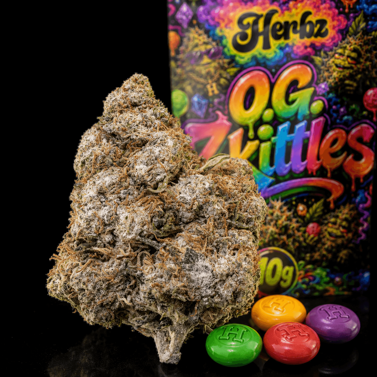 Herbz O.G. Zkittles-förpackning med svart bakgrund och regnbågsfärgad design