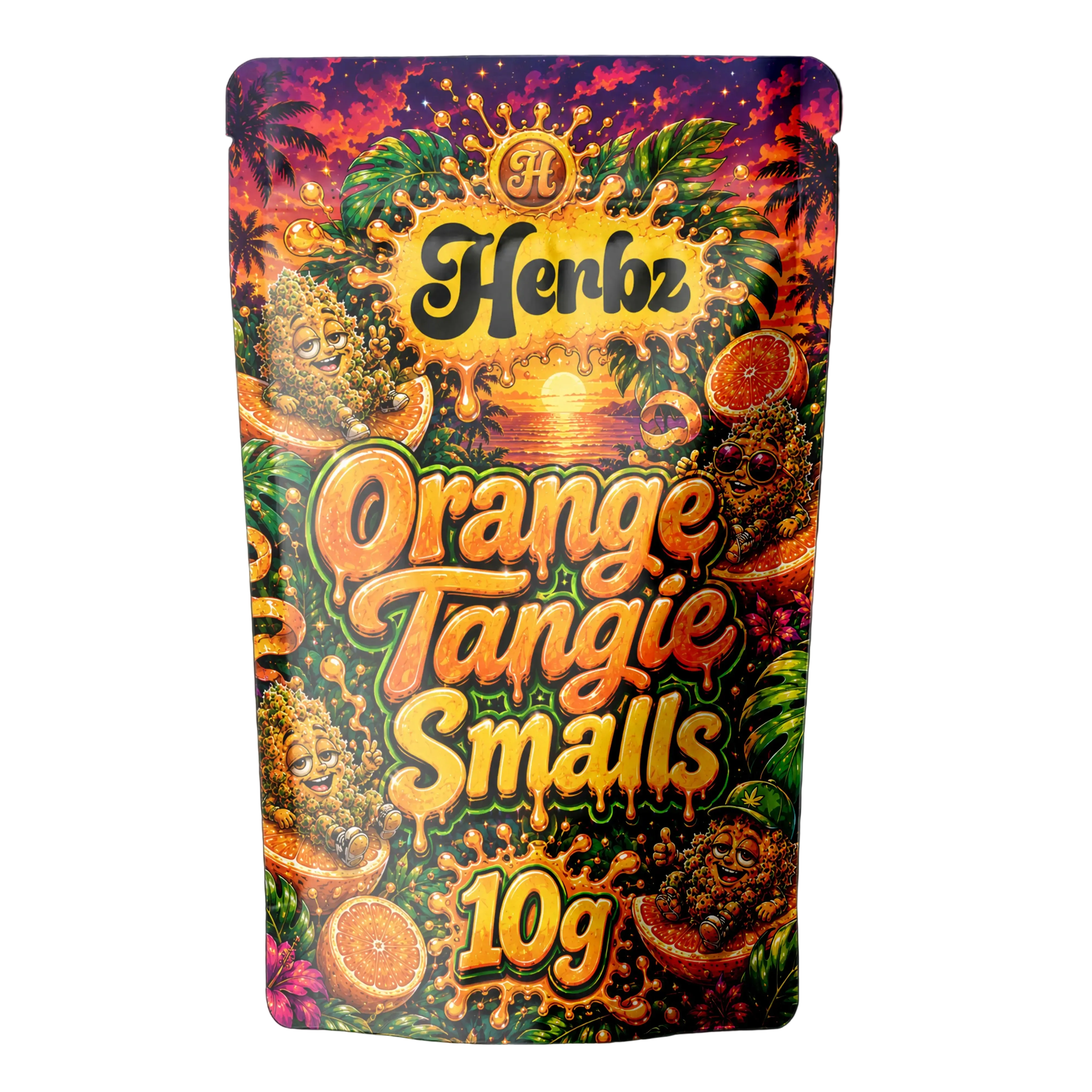 Orange Tangie Smalls 22% THCA popcorn buds med frostet trichomlag på sort baggrund
