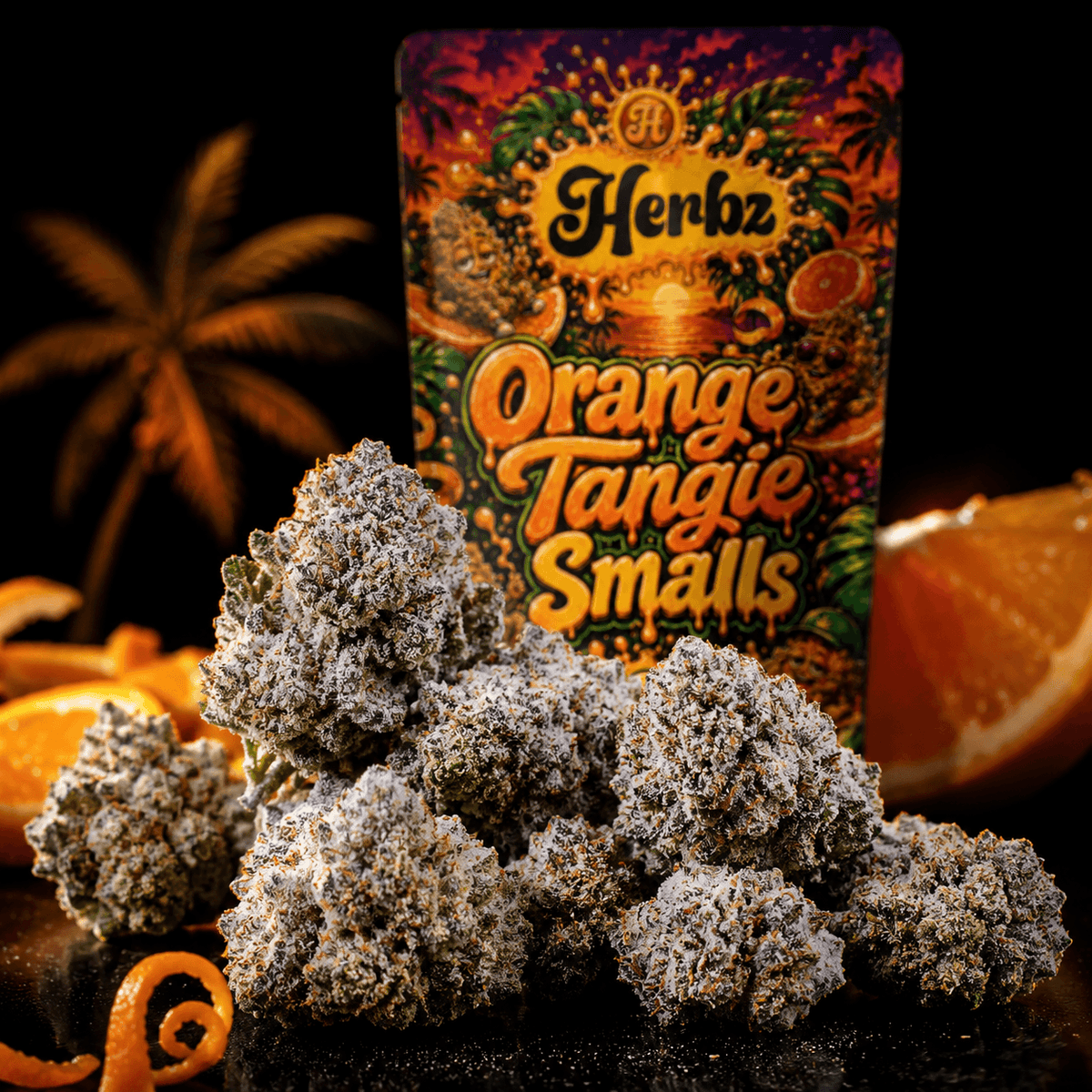 Orange Tangie Smalls popcorn buds med kompakt struktur och ljust hartslager