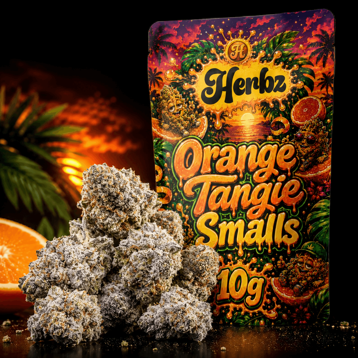 Herbz Orange Tangie Smalls emballage med orange og tropisk design