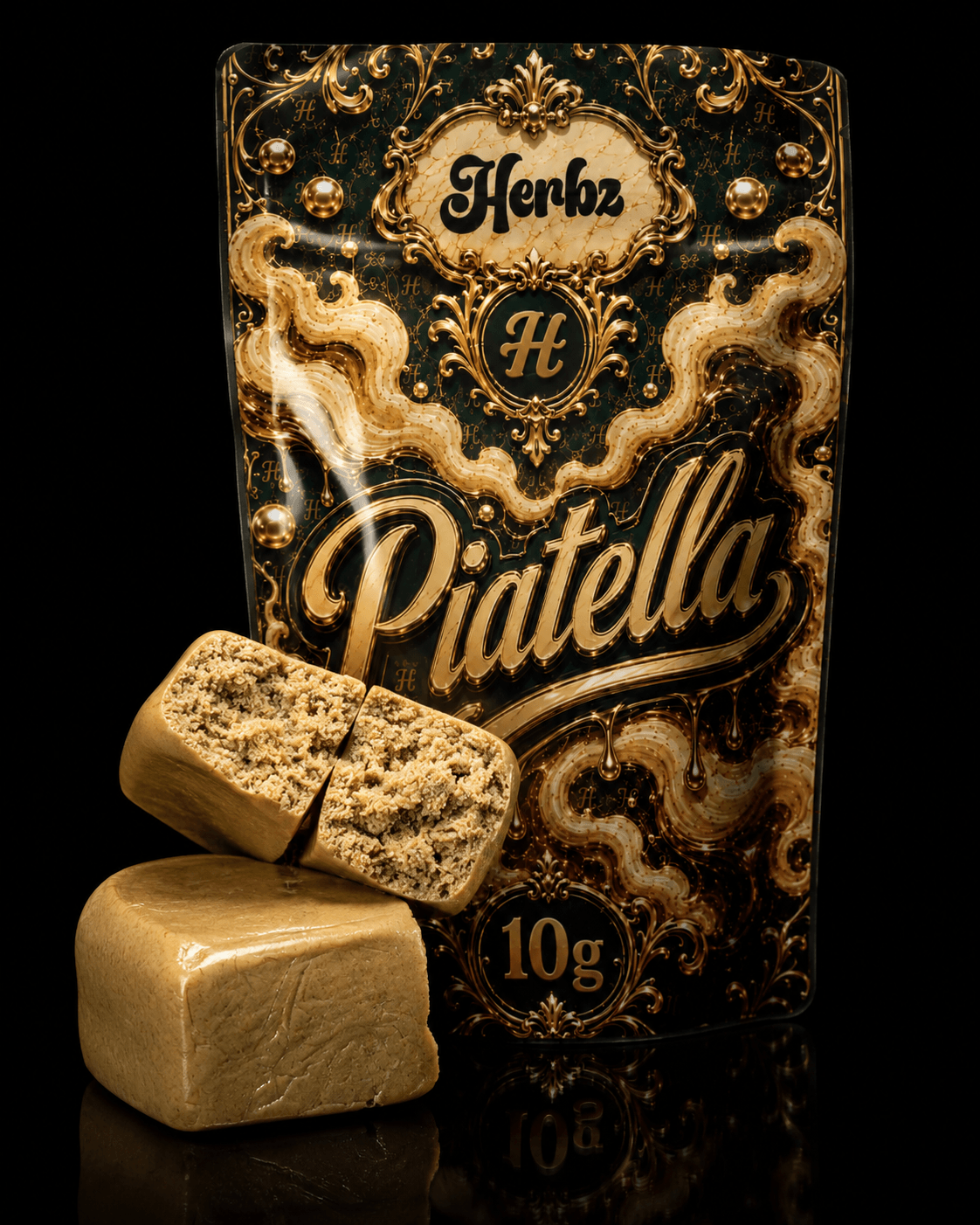 Herbz Piatella 10 g förpackning med svart och guldig design