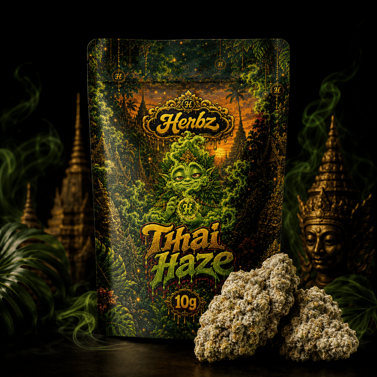 Närbild av Thai Haze 23% THCA med ljusgröna nyanser och orange pistiller