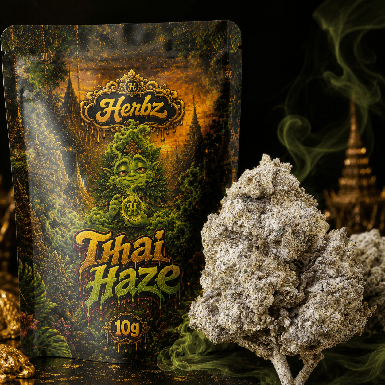 Herbz Thai Haze-förpackning med färgglad haze-inspirerad design